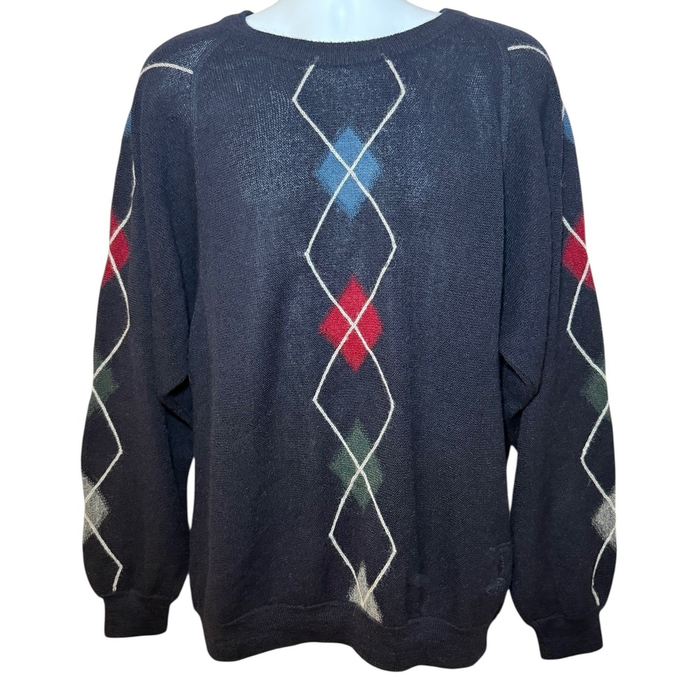 Men's Crewneck Sweater - Black with Multicolor Diamond Pattern